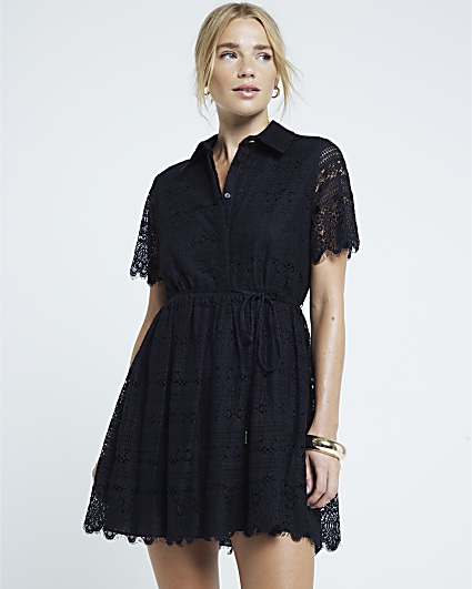 Black lace belted mini shirt dress