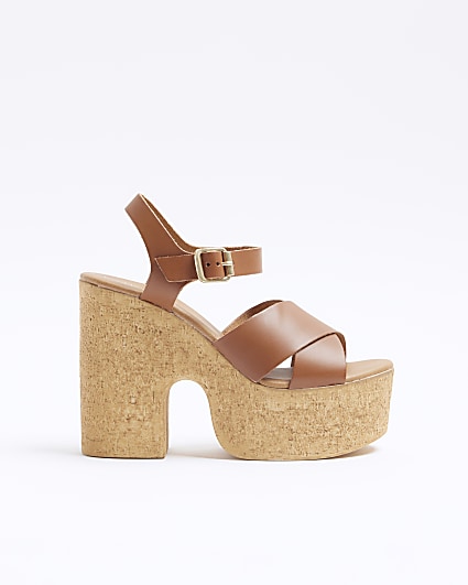 Brown leather platform heeled sandals