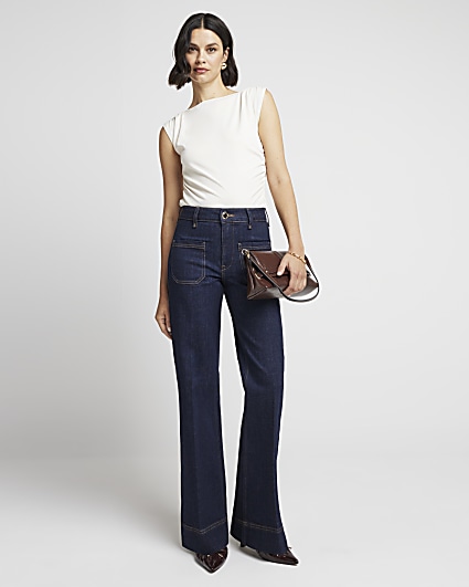 Blue front pocket high waisted wide leg jeans