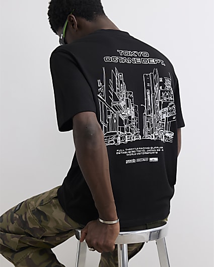 Black Regular Fit Cotton City Scape T-Shirt