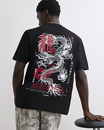 Black Cotton Japanese Dragon T-Shirt