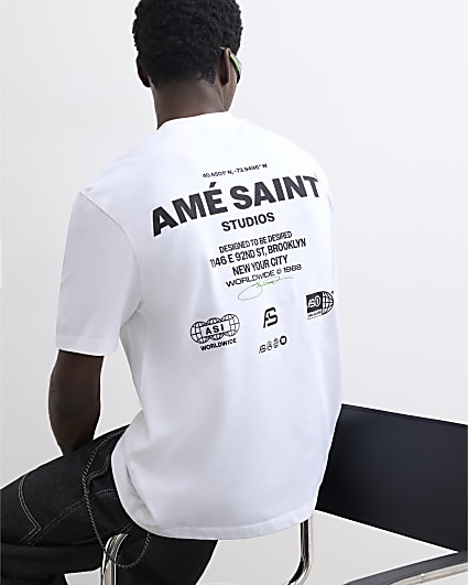 White Regular Fit Ame Saint Script T-Shirt