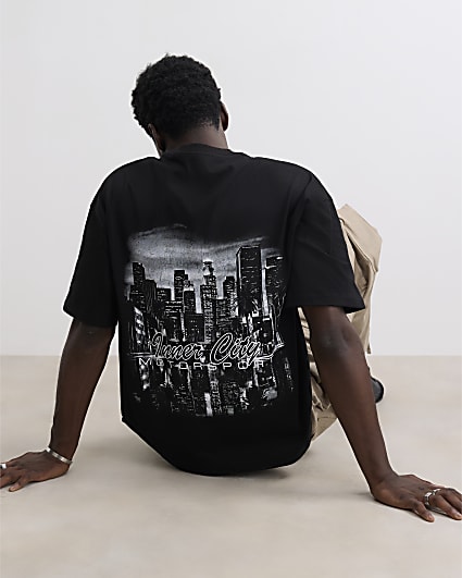 Black Cotton Sunset Cityscape T-Shirt