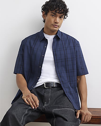 Navy Boxy Fit Cotton Check Shirt