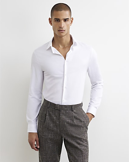 White Muscle Fit Long Sleeve Shirt