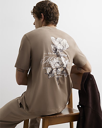 Brown Regular Fit Cotton Floral T-Shirt