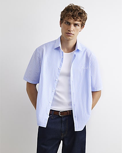 Blue Boxy Fit Striped Embroidered Shirt
