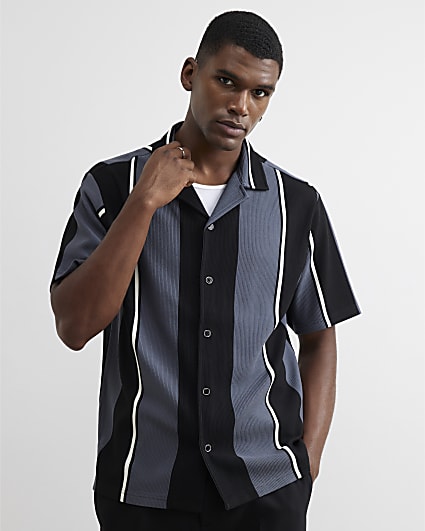 Grey Regular Fit Textured Stripe Revere Shirt