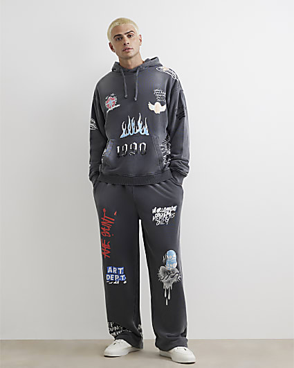 Black Wide Leg Scribble Joggers