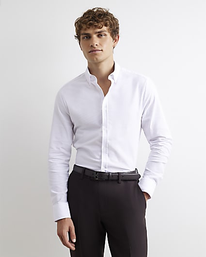 White Muscle Fit Textured Long Sleeve Shirt