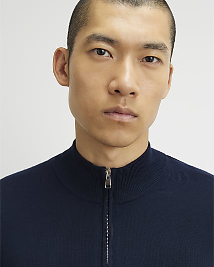 Navy Slim Fit Zip Trough Jumper