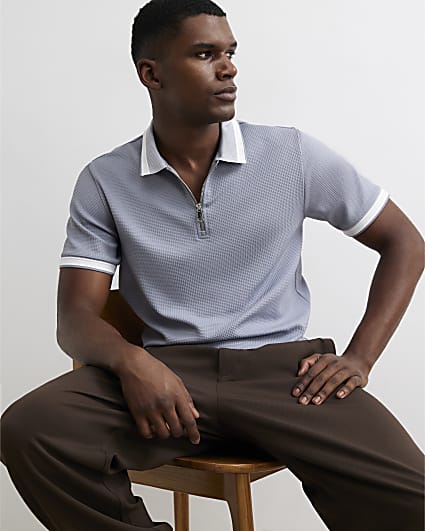 Blue Slim Fit Zip Neck Waffle Polo Shirt