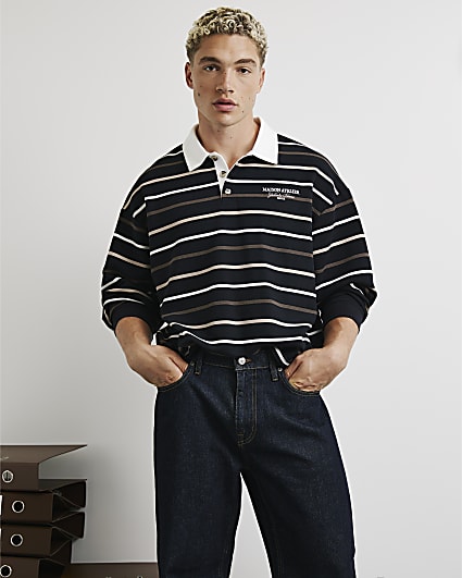 Navy Oversized Fit Stripe Rugby Shirt