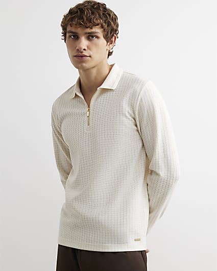 Cream Muscle Fit Cotton Textured Polo Shirt