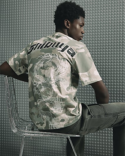 Khaki Cotton Japanese Camo Dragon T-Shirt