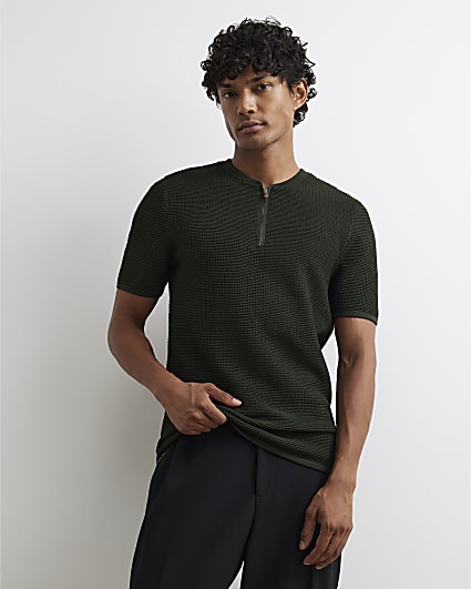 Khaki Muscle Fit Textured Henley Neck T-Shirt
