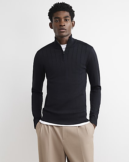 Black Muscle Fit Half Zip Jumper
