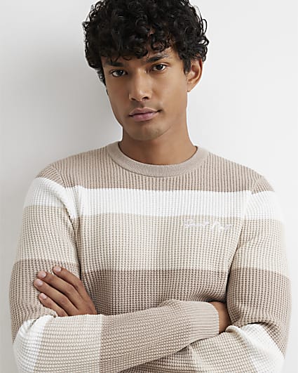 Beige Knitted Stripe Cotton Blend Jumper
