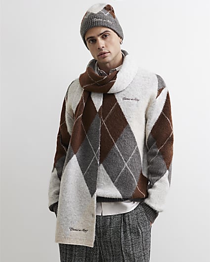 Grey Argyle Cold Weather Scarf And Beanie Set