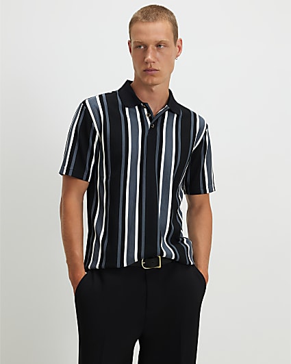 Black Slim Fit Textured Stripe Polo Shirt