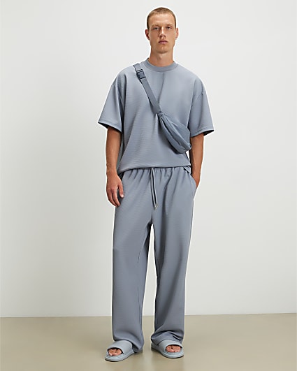 Blue Waffle Textured Wide Leg Joggers