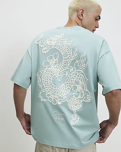 Blue Cotton Dragon Flower Embroidery T-Shirt