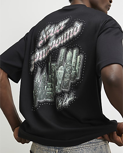 Black Oversized Cotton City Glitter T-Shirt