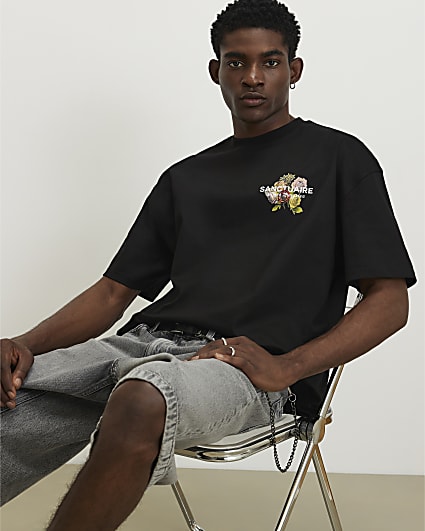 Black Oversized Cotton Flower Print T-Shirt