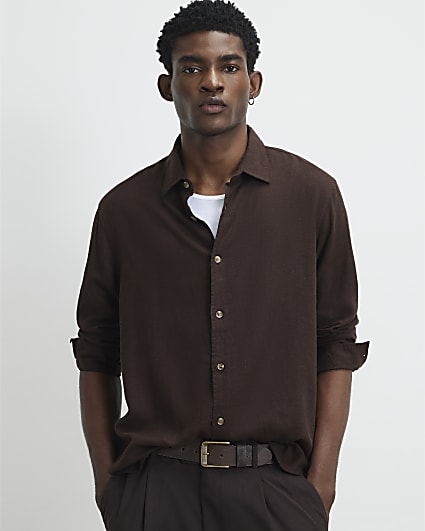 Brown Linen Blend Long Sleeve Luminus Shirt