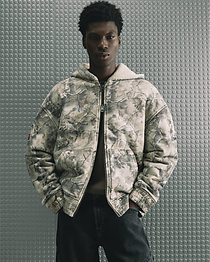 Green Cotton Camo Print Quilted Lined Hoodie