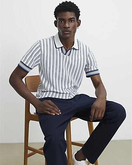 White Slim Fit Textured Stripe Polo Shirt
