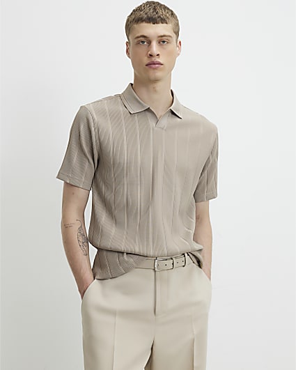 Beige Slim Fit Textured On Polo Shirt