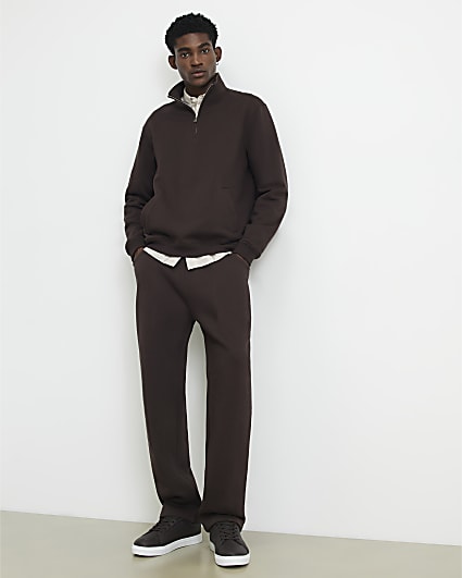 Brown Regular Fit Cotton Half Zip Sweatshirt