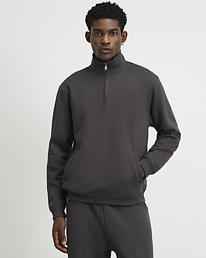Grey Regular Fit Cotton Half Zip Sweatshirt