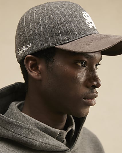 Grey Cotton Pinstripe Script Embroidered Cap