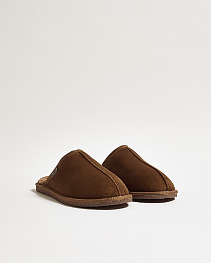 Brown Fur Lined Slip On Mule Slippers
