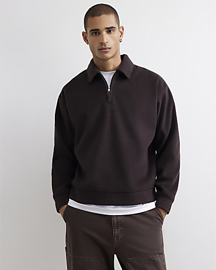 Brown Embroidered Quarter Zip Polo Sweatshirt