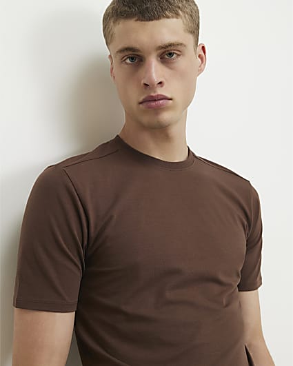 Brown Muscle Fit Cotton Blend Stretch T-Shirt