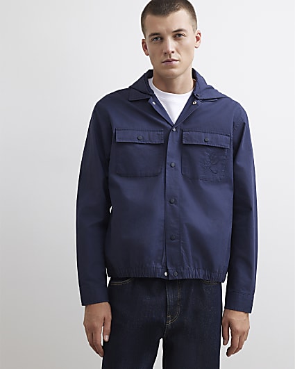 Navy Cotton Hooded Snap Button Overshirt