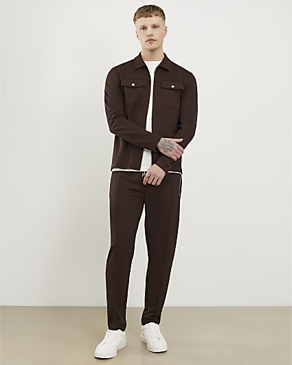 Brown Slim Fit Pique Shacket And Joggers Set
