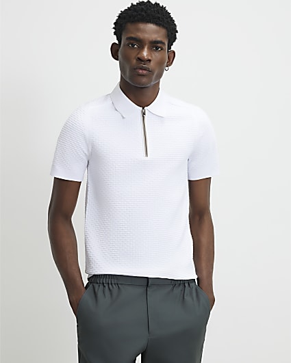 White Muscle Fit Hexogen Textured Polo Shirt