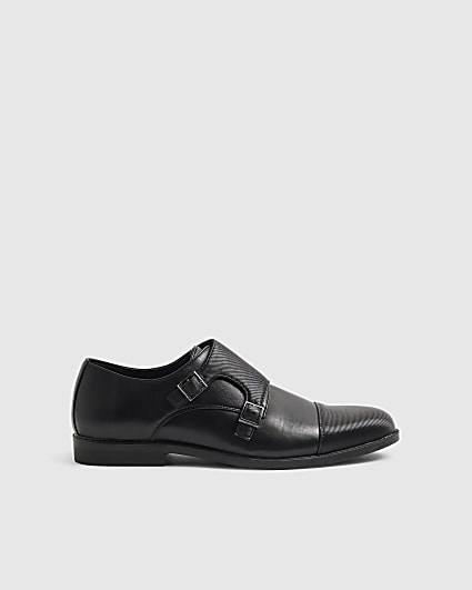 Black Faux Leather Monk Strap Shoes