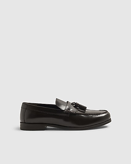 Brown Leather Textured Tassel Loafers