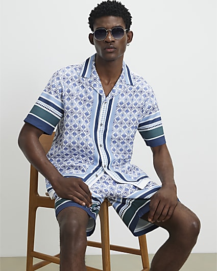 Blue Regular Fit Multi Tile Print Shirt