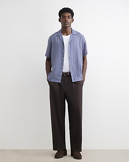 Blue Cotton Blend Short Sleeve Shirt
