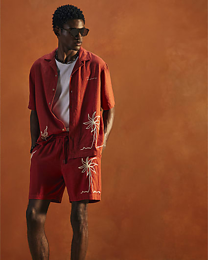 Red Drawstring Embroidered Roping Shorts