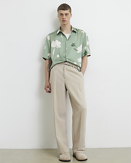 Green Short Sleeve Satin Floral Shirt