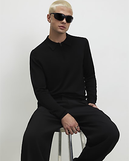 Black Slim Fit Long Sleeve Polo Shirt