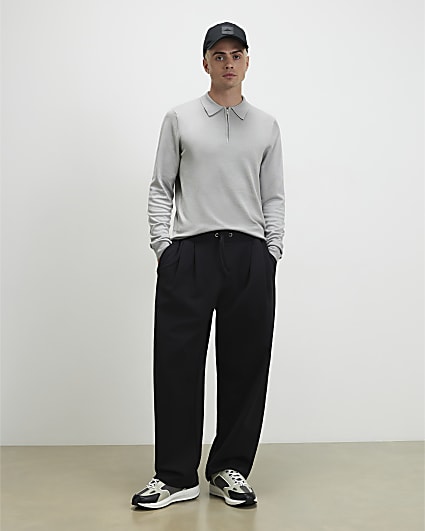Grey Slim Fit Long Sleeve Polo Shirt
