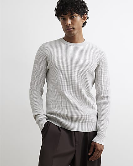 Grey Slim Fit Cotton Waffle Knitted Jumper